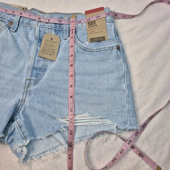Levi's 501 Size 29 Women's HIGH Rise Ripped Distressed Jean Denim Shorts Blue 55 - Picture 7 of 8